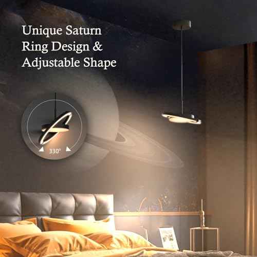 FIMEI LED Saturn Pendant Lights, 3000-6000K Dimmable Adjustable Hanging Chandelier Saturn Ring Design for Dining Room Kitchen Island Entryway Bedroom Foyer Black (Black, 1)