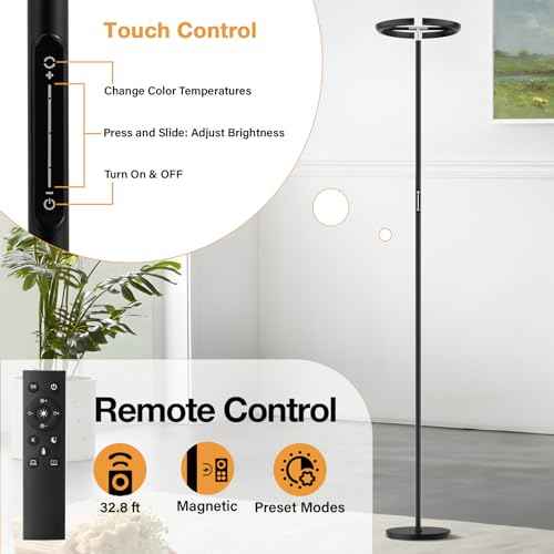 Floor Lamps for Living Room, 40W/2400LM Rotatable LED Floor Lamp with Touch & Remote Control, 70" Tall Standing Lamp Stepless Dimmable, Modern Torchiere Corner Lamp for Bedroom, Office