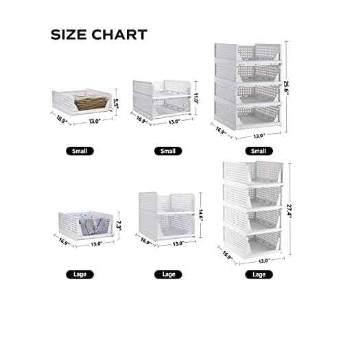 Stackable Plastic Storage Basket-Foldable Closet Organizers and Storage Bins - Drawer Shelf Storage Container for Wardrobe Cupboard Kitchen Bathroom Office (White Small-4 Pack)
