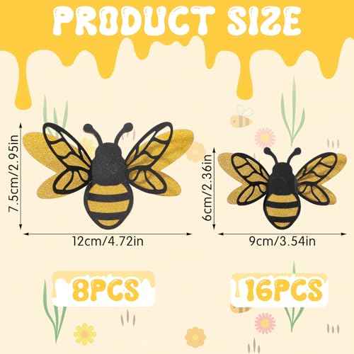 24PCS 3D Bee Stickers Removable Mural Decals Bumble Bee Stickers Honey Party Wall Decor Crafts Embellishments Cute Sticky Birthday Party Decorations