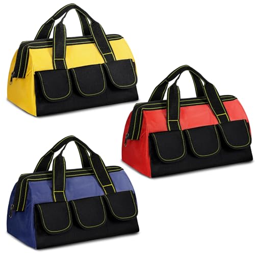 3 Pack 13 Inch Tool Bags for Men, Wide Mouth Tool Tote Bag with Waterproof Base Heavy Duty Tools Storage Bag for Electrician Carpenter Mechanic (Blue, Red, Yellow)