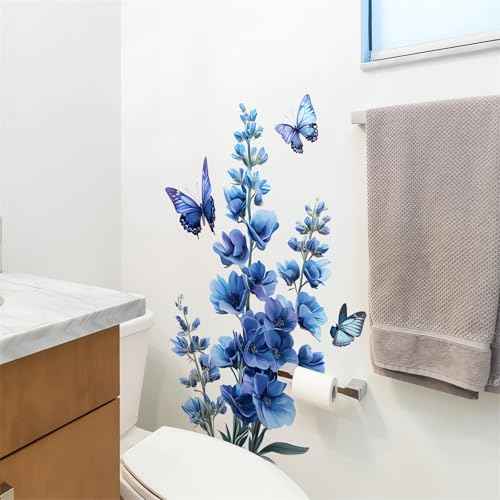 Blue Flower Butterfly Wall Stickers, sacinora Daisy Peony Violets Floral Art Wall Decals Removable Vinyl Peel and Stick for Bathroom Bedroom Home Decorations