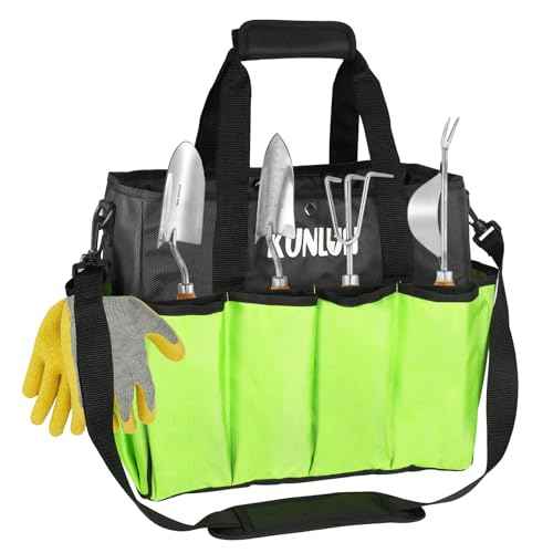 KUNLUN Gardening Tote Bag, Garden Tool Bag with 14 Pockets & Elastic Belt, Heavy Duty Standable Garden Tote Storage Bag with Long Adjustable Shoulder Strap for Indoor and Outdoor Use
