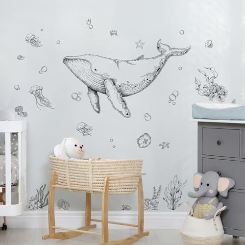 Ocean Whale Wall Decals, Ocean Animal Fish Seaweed Grass Jellyfish Wall Sticker Peel and Stick Under The Sea Art Decor for Boy Girls Kids Baby Nursery Bedroom Bathroom Hall