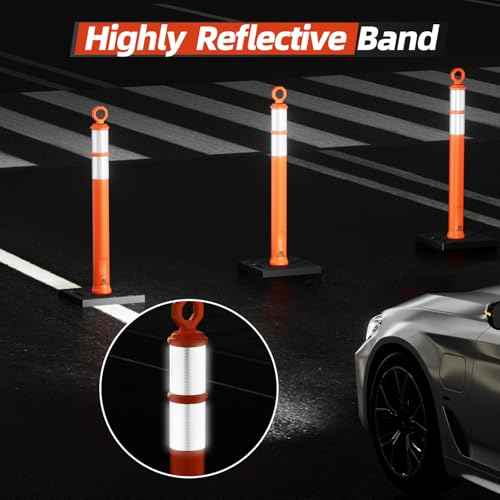 RoadHero 42 Inch Delineator Post with Base, Portable Orange Traffic Delineator Posts Cones with Reflective Collars for Parking Lots, Road Safety, Construction Events (3 Pack)