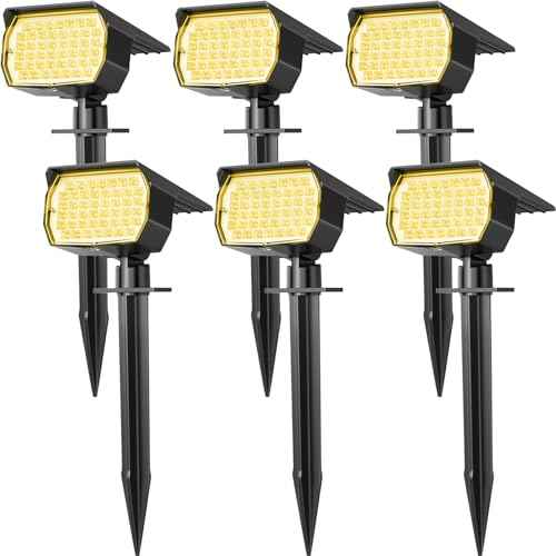 Solar Spot Lights Outdoor Waterproof IP65, 6 Pack Landscape Spotlights with 46 LEDs, 3 Modes Auto On/Off Solar Powered Flood Lights for Outside Pathway, Yard, Garden, Walkway (Warm White)