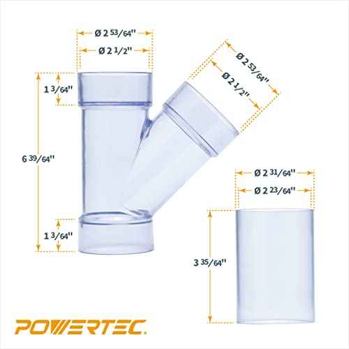 POWERTEC 2-1/2 Inch ID Y Fitting for 2-1/2 Inch OD Dust Collection Pipes, Adapters and Fittings with Splice for 2 1/2 Inch ID Dust Collection Hose Connector, 2 sets (70320-P2V)