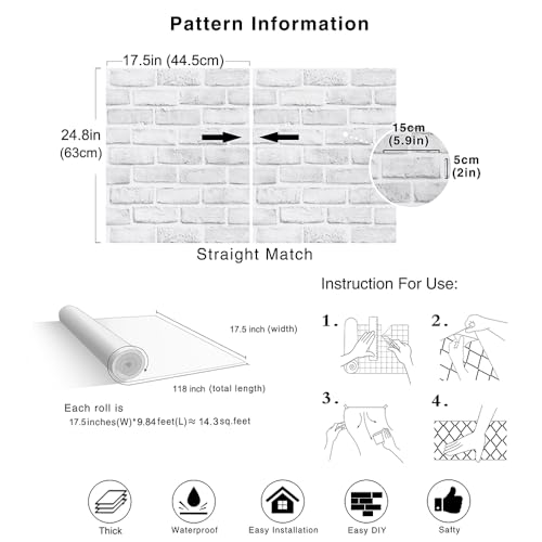 White Brick Peel and Stick Wallpaper Self-Adhesive Removable Contact Paper for Dorm Room Fire Place Accent Wall Decor 17.5x118in