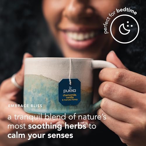 Pukka Calming Chamomile, Vanilla & Manuka Honey Organic Herbal Tea, Soothing Organic Tea Infusion Selection, Honey & Fennel Blend, Caffeine Free, 80 Total Bags (20ct - Pack of 4)