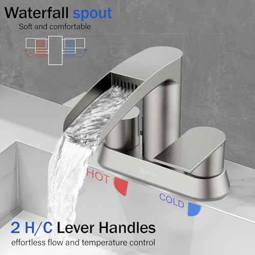 Bathroom Sink Faucet for 3 Hole, Hurran 4 Inch Bathroom Faucets with Pop-up Drain, Stainless Steel 2-Handle Waterfall Faucet for Sink, Brushed Nickel