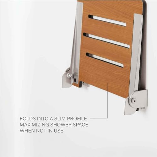 Seachrome 18 inch Silhouette Slimline Folding Wall Mount Shower Bench Seat, Teak Seat with Silver Frame