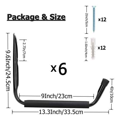 Heavy Duty 13 Inches Jumbo Arm Indoor Outdoor Storage Wall Hooks, Garage and Garden Steel Organizer Rack, 6 Pack Garage Storage Hooks