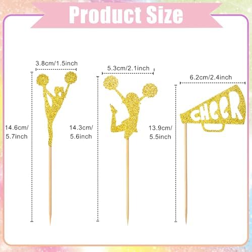 12 Pcs Cheerleader Cupcake Toppers – Gold Glitter Cheerleading Gymnastics Cupcake Decorations for Cheer Team, Gymnast Girl, or Girls Birthday Party Cake Decorations