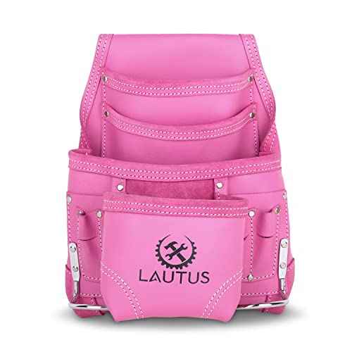 LAUTUS Oil Tanned Leather Tool Pouch Bag |Pink |Carpenter, Construction, Framers, Handyman | 10 Pockets, 2 Hammer Holders | 100% Leather