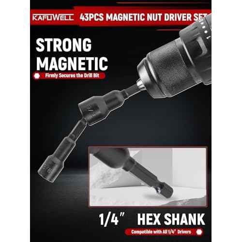 43Pcs Magnetic Nut Driver Set, Impact Driver Bit Set 1/4" Hex Shank, SAE & Metric Nut Driver Set for Impact Drill, Screwdriver Bit Set, Socket Adapter, Wing NutDriver, with Sturdy Tool Box