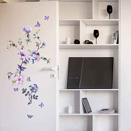 hanlongyu Purple Flower Wall Decals, Removable Fresh Flower Wall Stickers Peel and Stick Removable DIY Floral Butterflies Decals Tree Leaves Plant Wall Art Stickers Murals for Home Decor