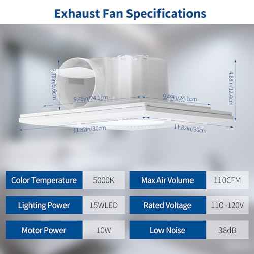 Bathroom Vent Fan with Light, Bathroom Exhaust Fan with LED Light Adjustable, Quiet 1.0 Sones Three Color Temperatures 2700k/4000k/5700k, 110 CFM,Ceiling Mount Ventilation for Home/Bath/Office
