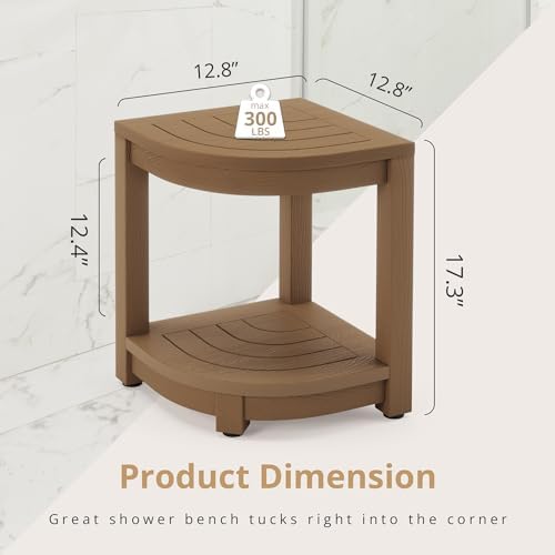 LUE BONA Shower Bench for Inside Shower, Brown HDPS Corner Shower Stool for Shaving Legs, 17" Waterproof Storage Shelf for Bathroom, Small Shower Seats Chair/Foot Rest, Indoor or Outdoor Use