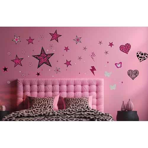 TwoDays 100PCS Y2K Room Decor Aesthetic Wall Decal, 2000s Mcbling Vinyl Peel and Stick Stickers for College Teen Girls Bedroom, Pink Stars Trashy Y2k Decorations for Women Apartment.