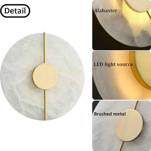 White Alabaster Wall Sconce Brass Natural Marble Wall Sconce Vintage Gold Round Store Modern LED Wall Light Fixture Mid Century Wall Mounted Lamp for Bedroom Hallway Living Room Bathroom