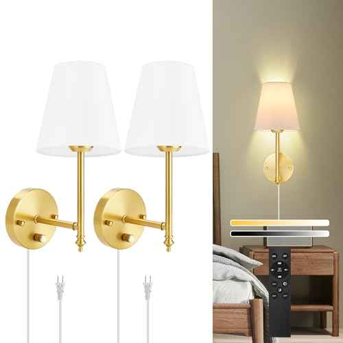 Wall Sconces Set of Two with Remote Control, Dimmable, Adjustable Colors 2700-6500K, Plug in Wall Sconces with White Fabric Shades, Plug in Wall Light, Gold
