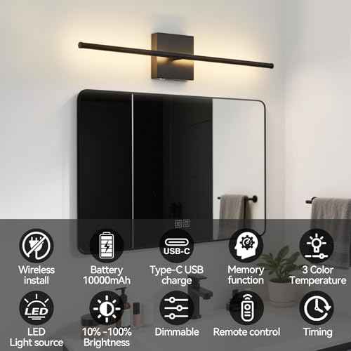 Battery Operated Wall Sconces Set of 2, Wall Sconce with Remote Control, 26.7 Inch 3000K-6000K Dimmable Wireless Rechargeable Sconce,Wall Lights for Bedroom, Living Room, Hallway(Black)