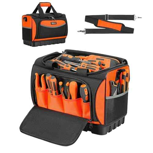 Tool Bag, Large Tool Organizer Bag with 18 Pockets,15.7x 11.4x 9.8 inch, Heavy Duty 600D Fabric, Black and Orange