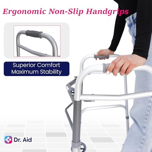 Dr. Aid Premium Folding Walker with Wheels, 5" Auto Brake Double Front Wheel Walker, Lightweight Walkers for Seniors, Durable Aluminum Frame, Adjustable Height, Supports Up to 400lbs, Aluminum Gray