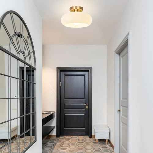 Gold Semi Flush Mount Ceiling Light,11inch Mid Century Modern Light Fixture,Hallway Lighting Fixture with Milk White Glass Shade,Vintage Ceiling Lamp for Kitchen,Porch,Entryway,Closet,Bedroom