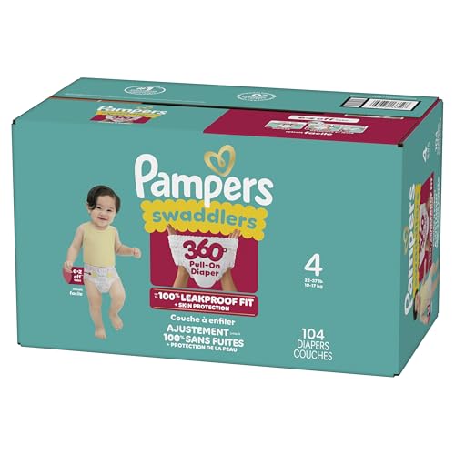 Pampers Diapers - Swaddlers 360° - Size 4, 104 Count, up to 100% Leakproof Comfy Dry Fit, Designed for Easy Changes, Pull On Baby Diaper (Packaging May Vary)