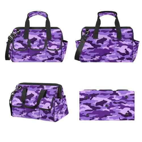 Purple Camouflage Tool Bag for Men Women Multi-Pockets Wide Mouth Tool Storage Bags 14.8 Inch Waterproof Heavy Duty Tool Bag Organizer for Electrician Mechanic Plumbers Handymen