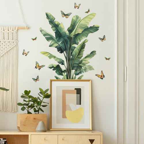 Tropical Leaf Wall Decals Palm Leaves with Butterflies Peel and Stick Wall Stickers for Living Room Bedroom Dining Room Home Wall Decor