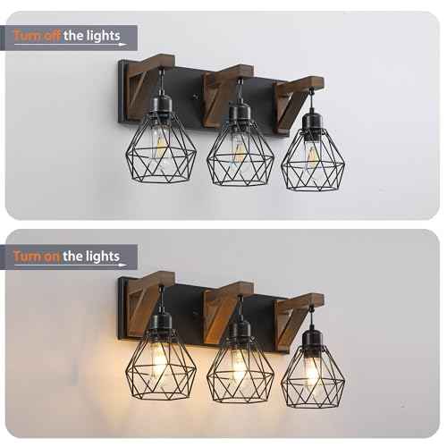 Farmhouse Bathroom Light Fixtures, 3 Light Bathroom Vanity Light, Black Rustic Wood Vanity Lights Wall Sconces with Elegant Metal Lampshade for Living Room, Bedroom, Hallway (Retro Black, 3-Light)