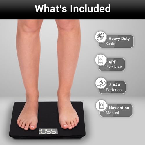 Vive Smart Body Weight Scale (500lbs Capacity) - Heavy Duty Bariatric Digital Scale for BMI - Plus Size, Large Display - Bathroom Device for Health Extra Wide Base & Smartphone Connectivity