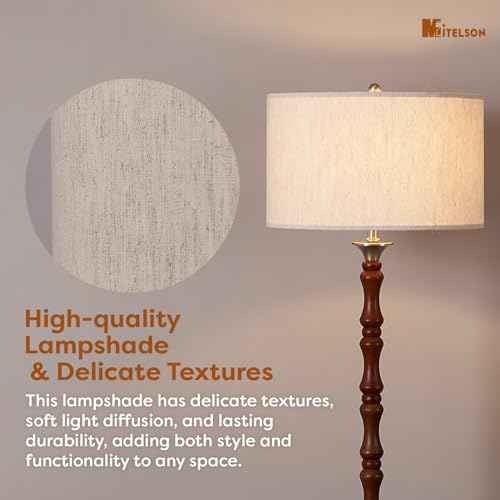 LED Floor Lamp, Mid Century Lamp with Drum Shade, Great Living Room D?cor, Rustic Retro Tall Lamp, Modern Standing Lamp for Bedroom and Office, Adjustable Lighting, Walnut Wood Finish