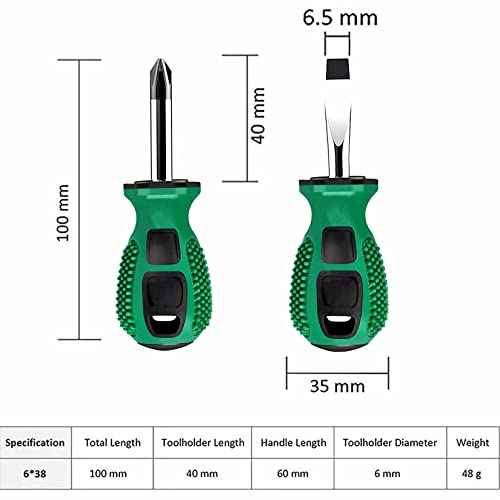 Buspoll Rubber Anti-Skid Handle Stubby Screwdriver Set, 6mm x 38mm Slotted/Phillips, Magnetic Head