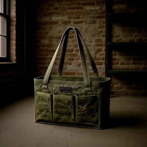 Tool Bag with Metal Frame, Waxed Canvas Wide Open Top Tool Tote Bag with 7 External Pockets, 13.5 x 7.8 x 7.8 Inches (ArmyGreen)