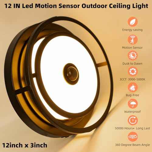 12IN Motion Sensor LED Ceiling Light, Modern Flush Mount Ceiling Light Fixtures, 3CCT 3000-5000K Dusk to Dawn Motion Sensor Outdoor Lights Waterproof for Porch Entryway Garage, Black