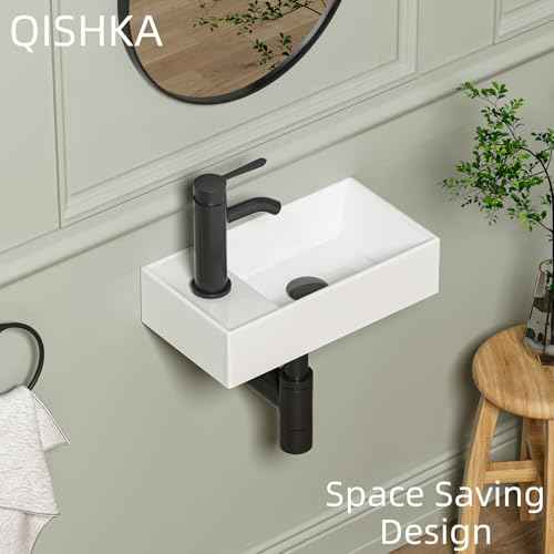 Wall Mount Bathroom Sink, QISHKA 16" x 8.5" Modern Ceramic Rectangular Floating Sink, White Rectangle Wall Hung Wash Basin Vessel Sink, Save Space for Bathrooms (Left Hand)
