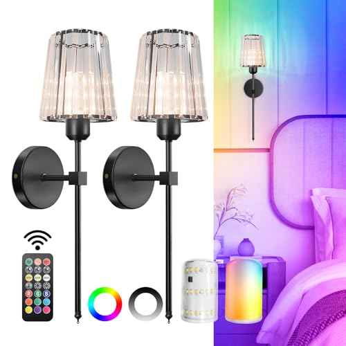 Battery Operated Crystal Wall Sconces Set of Two, Black Wireless Wall Lamp with Crystal Shades, Rechargeable LED Bulbs, 12-Colors Dimmable, Remote for Bedroom, Living Room, Bulbs Included