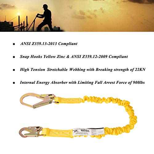 Single Leg 6-Foot Fall Protection Internal Shock Absorbing Stretchable Safety Lanyard with Snap & Rebar Hook Connectors CSA£¦ANSI Compliant