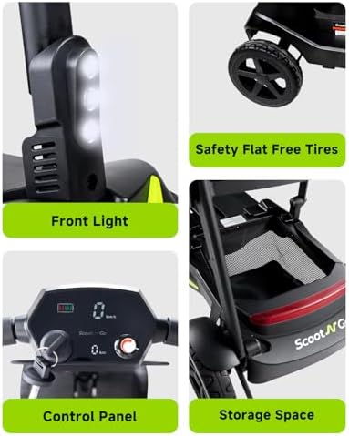 4 Wheel Mobility Scooter for Adults & Seniors Electric Powered Lightweight Foldable 5 MPH Speed 15 Miles Range Two Removable Batteries Airline Approved (Black Yellow, Standard)
