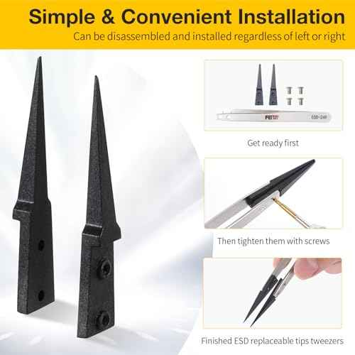 FEITA Anti Static Precision Tweezers ESD-Series Replacement Pointed, Curved & Flat Head, ESD Stainless Steel Twizzers Replaceable Carbon Fiber Plastic Tips With Locking Screws (8Types Each 1Pair)