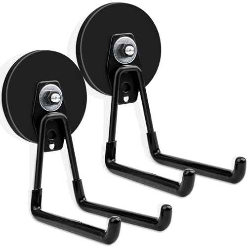 MIN CI 2 Pack Magnetic Hooks, 3.46" (88 mm) Large Magnetic Hooks Heavy Duty, Garage Manget with Hooks for Cordless Drills Hanging, Metal Cabinets, Tool Hooks for Hammer Drill,Garden Tool, Black