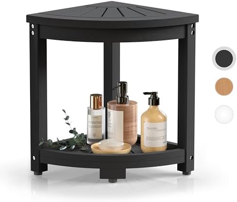 Corner Shower Stool for Inside Shower, HIPS Waterproof Shower Bench Seat Chair, Plastic Bath Shower Stool for Shaving Legs Foot Rest with Storage Shelf, Adjustable & Non-Slip Feet, Black