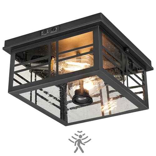 Infrared Sensor Outdoor Ceiling Light, Flush Mount Motion Sensor Ceiling Light, 2-Light Black with Bubble Glass, Bulbs Not Included, 3 Modes, for Porch, Garage, Hallway, Patio,BQ08XD05W1