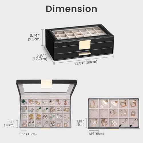Lolalet Earring Storage Box Case, Large Earring Jewelry Holder Organizer for Women, Glass Top Display, with Drawer and Grid -2 Tiers£¬Black