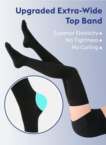 Thigh High Compression Stockings Closed Toe for Men & Women, Opaque, KEKING 15-20mmHg Graduated Compression Leg Support Hose with Silicone Band - Swelling, Varicose Veins, Edema, DVT, Black X-Large