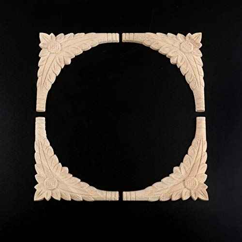 MUXSAM Flower Wood Carved Onlay Appliques Corner Decals, 4-Pack Unpainted Wooden Carvings Decorative Decals for Wall Fireplace Dresser Cupboard Wardrobe Closet Vent Hood Cover(10x10cm/3.94"x3.94")