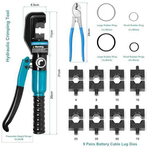 10 Tons Hydraulic Crimping Tool, Hydraulic Crimper for 12 AWG to 2/0 AWG Battery Cable,1/16" 1/8" 3/16" Stainless Steel Cable, Battery Cable Crimper Tool with Cable Cutter & 9 Dies